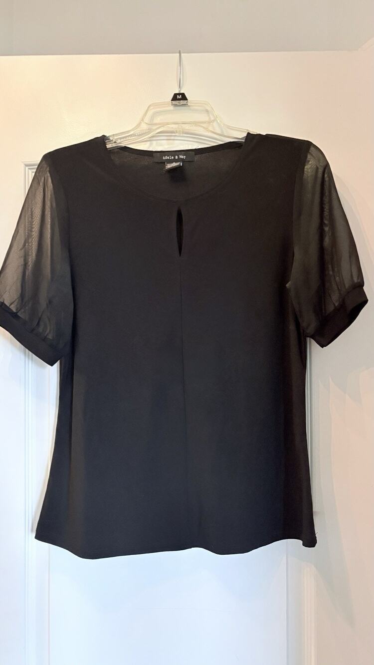 Adele & May Blouse Womens Small Black Sheer Chiffon Sleeve Keyhole Top Work Part